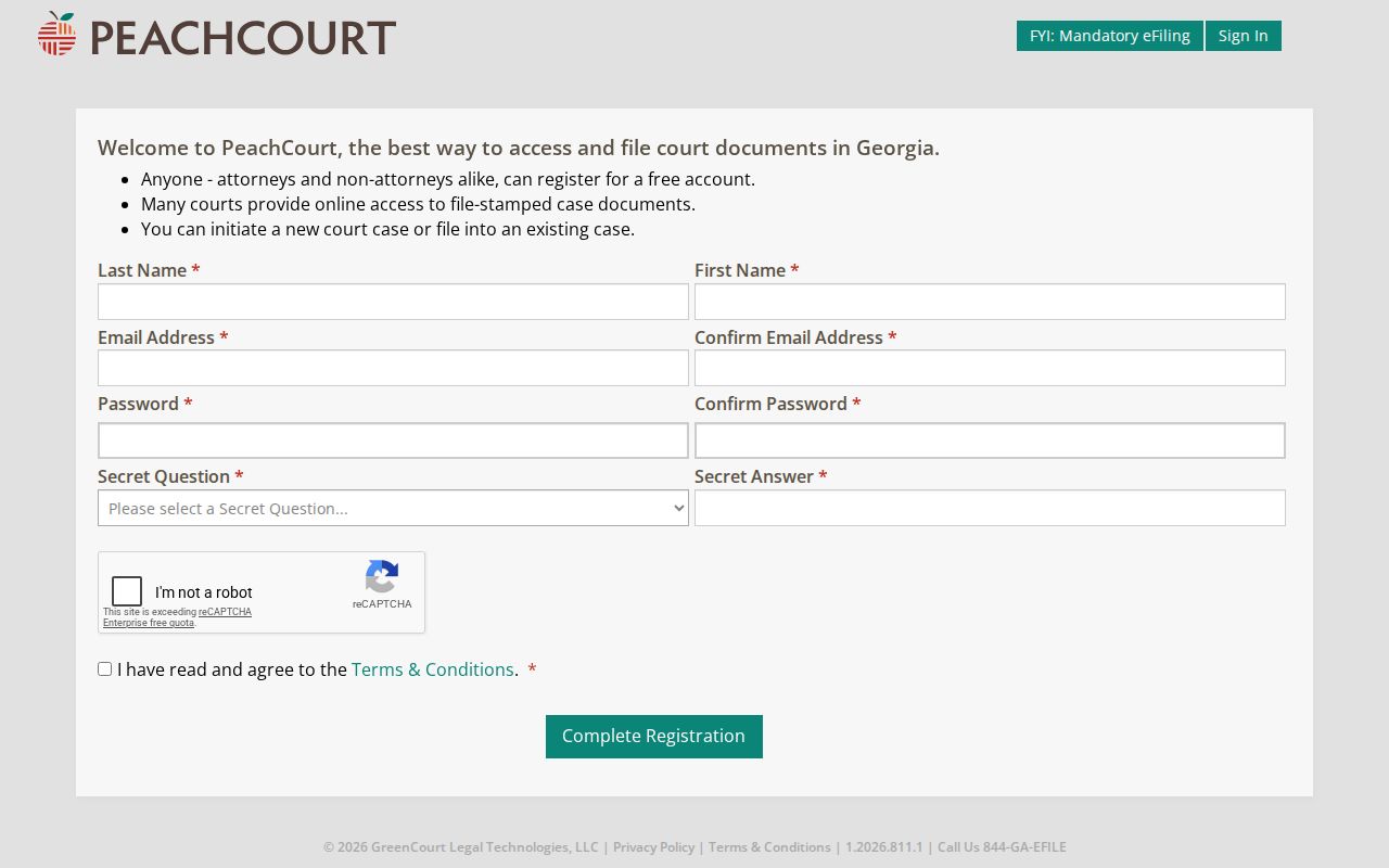 Towns County docket search PeachCourt registration screen