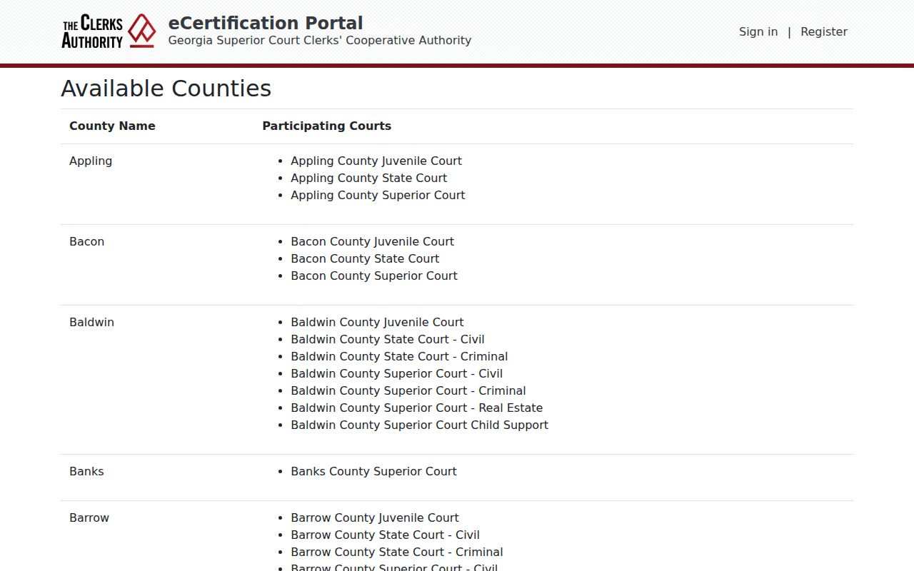 Towns County Superior civil record eCertification availability