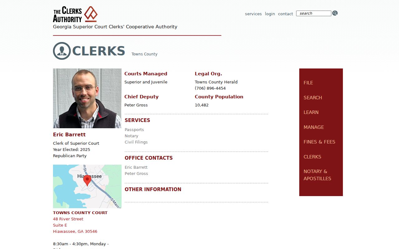 Towns County court docket clerk directory entry